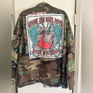 Upcycled Camo Army Jacket w/ Paint Splatter Rock Graphic Back Patch J Coons SZ L